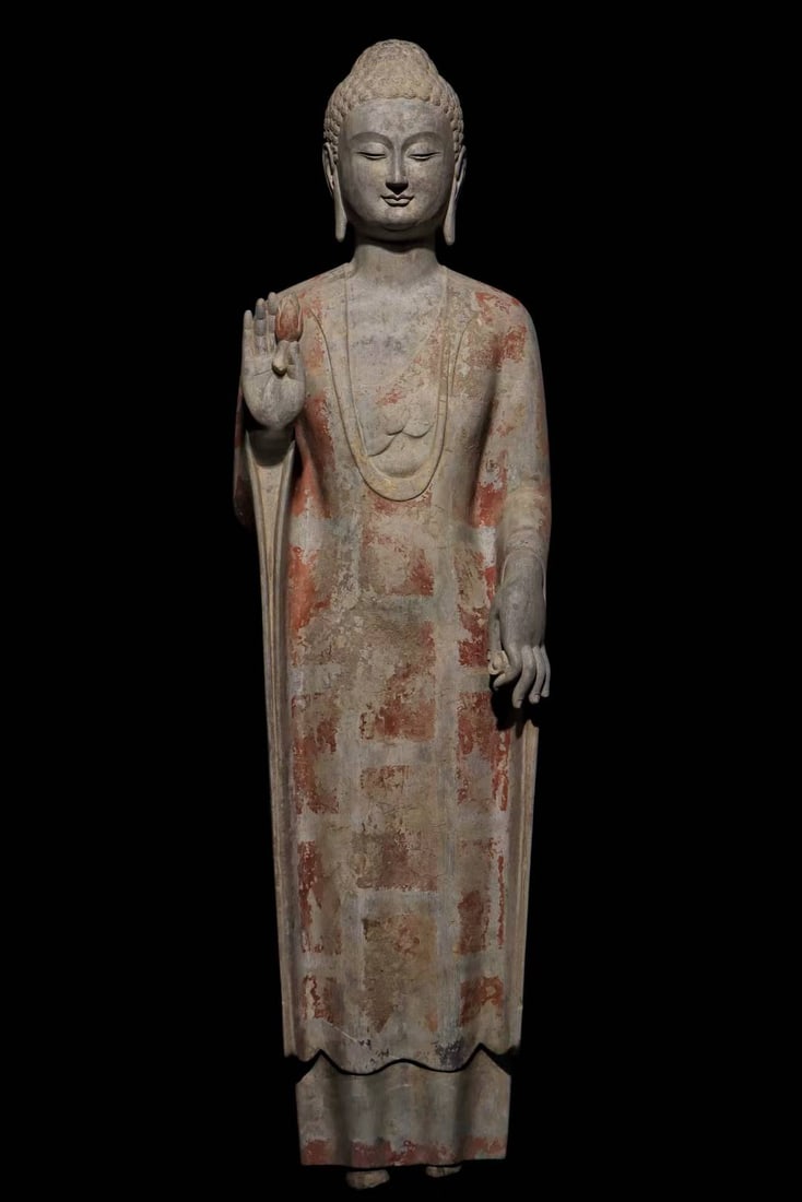 An Exquisite Limestone Painted Color Buddha Statue: An Exquisite Limestone Painted Color Buddha Statue N.Qi , China Size:110cm (The Dimensions Of All Batches Are Manually Measured.If You Need More Detailed Information, Please Contact Our Customer Servi
