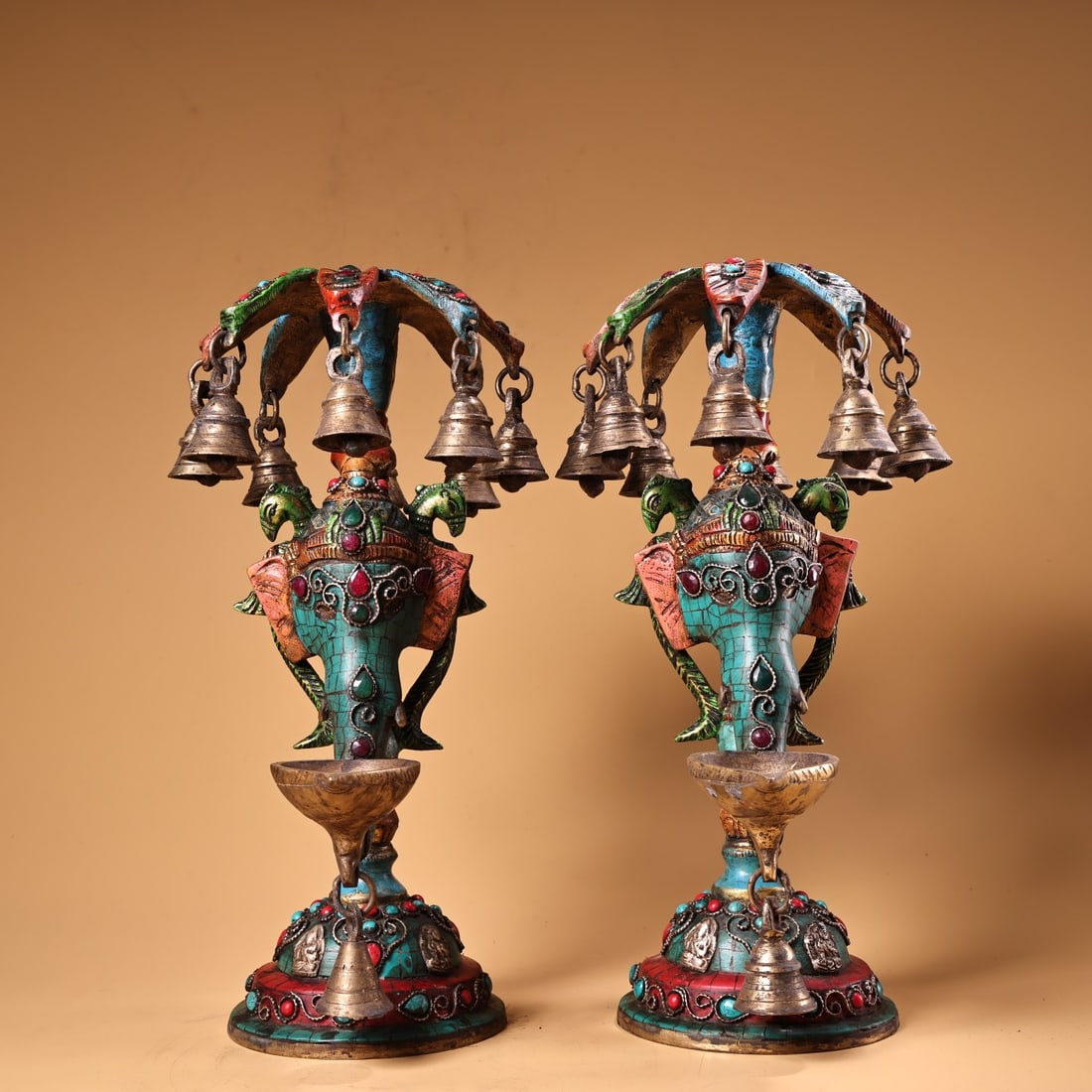 A Pair of Exquisite Bronze Inlaid Gems Painted Gold Painted Color Statue of Ganesh Ornament: A Pair of Exquisite Bronze Inlaid Gems Painted Gold Painted Color Statue of Ganesh Ornament Qing Dynasty, China Size:29cmx13cm Weight:2800g (The Dimensions Of All Batches Are Manually Measured.If You 