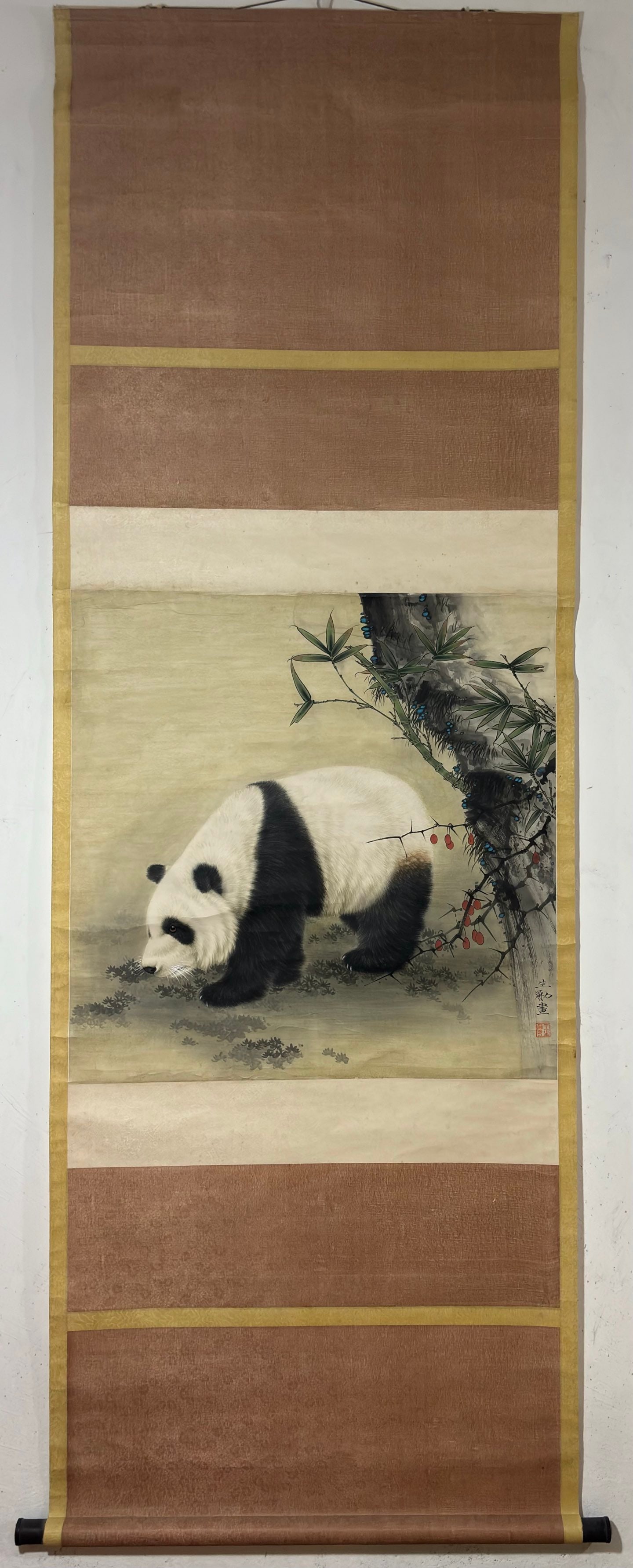 A Chinese Vertical Scroll Ink Painting of Panda on Paper: A Chinese Vertical Scroll Ink Painting of Panda on Paper Wang shenyong Without frame Size:68.5cmx68cm (The Dimensions Of All Batches Are Manually Measured.If You Need More Detailed Information, Please