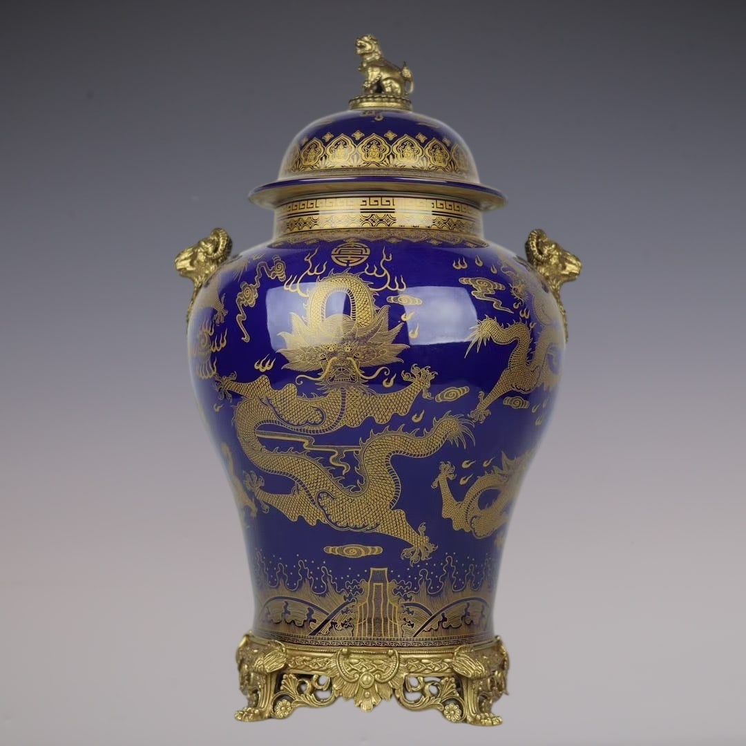 An Exquisite Ji Blue Glazed Inlaid Bronze Painted Gold Dragon Pattern Double-Ears Jar: An Exquisite Ji Blue Glazed Inlaid Bronze Painted Gold Dragon Pattern Double-Ears Jar Qing Dynasty, China Qianlong Six-character Mark Size:51cmx28cm (The Dimensions Of All Batches Are Manually Measure