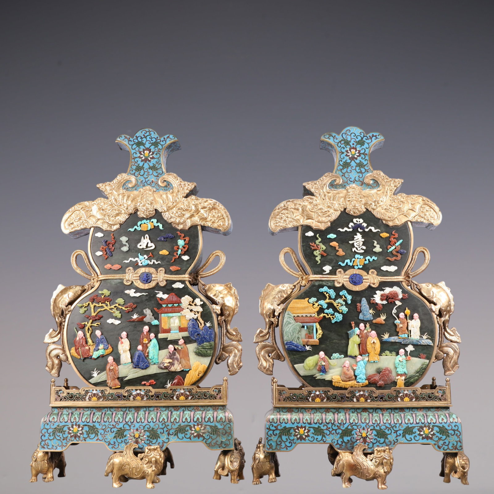 A Exquisite A pair of Cloisonne Inlaid Gems Lotus Pattern Eight Treasures Pattern Character and: A Exquisite A pair of Cloisonne Inlaid Gems Lotus Pattern Eight Treasures Pattern Character and Story Pattern with poem Gourd-Shaped Screen Ornament Qing Dynasty, China Size:36cmx16cmx66cm Weight:1915