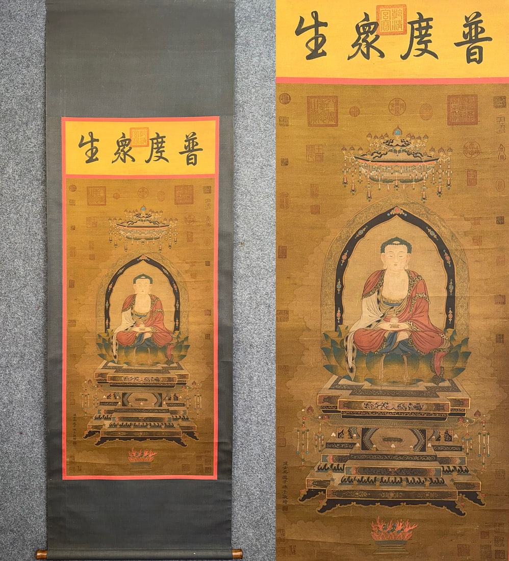 A Chinese Vertical Scroll Ink Painting of Buddha Statue on Silk: A Chinese Vertical Scroll Ink Painting of Buddha Statue on Silk Wu daozi Size:150cmx63cm (The Dimensions Of All Batches Are Manually Measured.If You Need More Detailed Information, Please Contact Our
