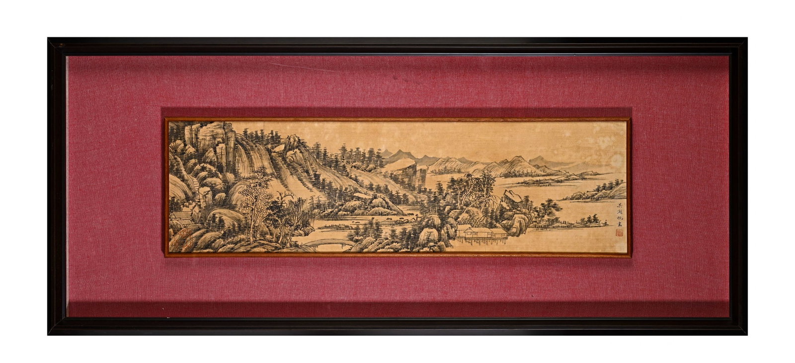 A Chinese Ink Painting of Landscape on Silk With Frame: A Chinese Ink Painting of Landscape on Silk With Frame Wu hufan Size:37cmx88cm Without frame Size:17cmx58cm (The Dimensions Of All Batches Are Manually Measured.If You Need More Detailed Information, 