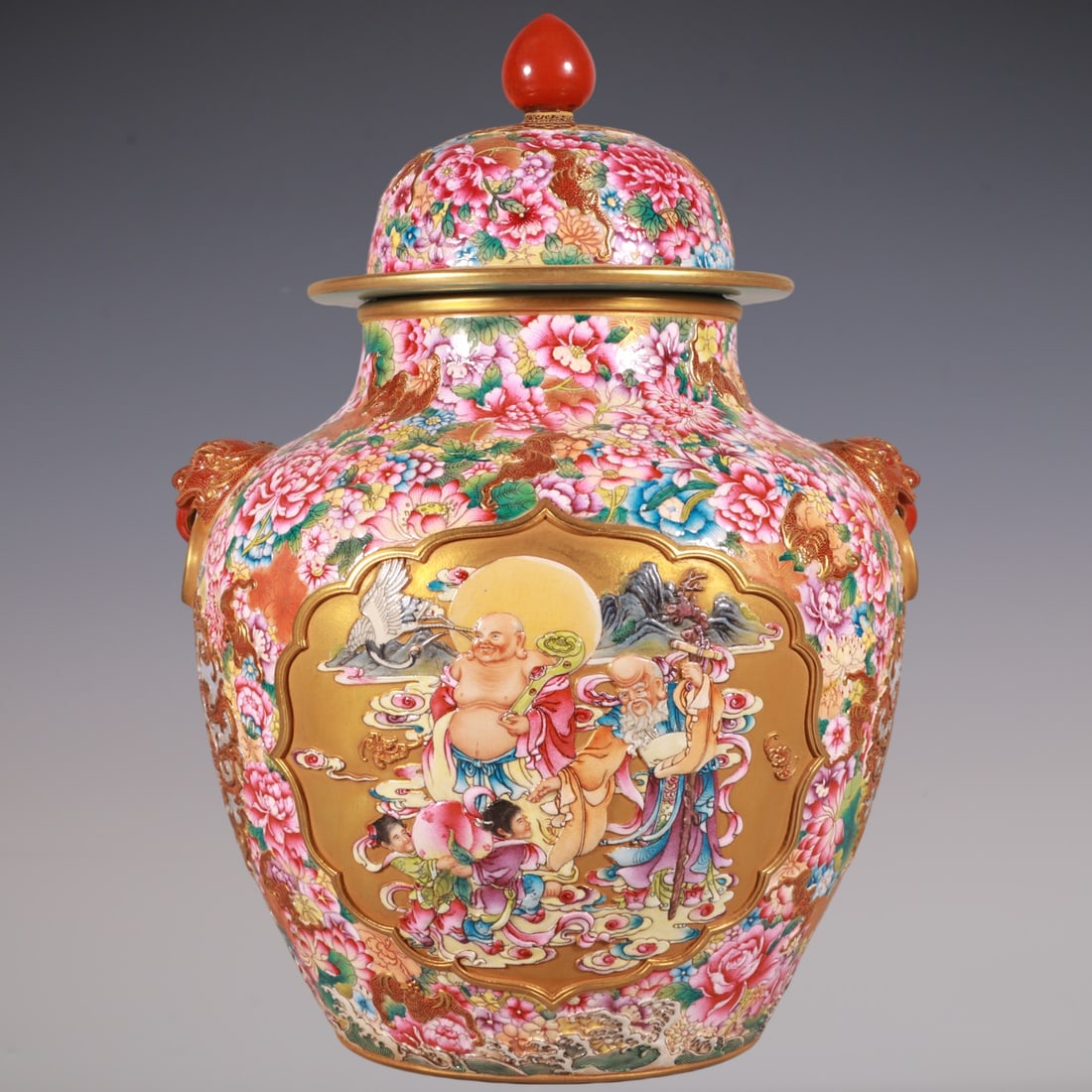 An Exquisite Enamel Flower Pattern Character and Story Pattern Double-Ears Jar: An Exquisite Enamel Flower Pattern Character and Story Pattern Double-Ears Jar Qing Dynasty, China Qianlong Six-character Mark Size:28cmx19cm (The Dimensions Of All Batches Are Manually Measured.If Yo