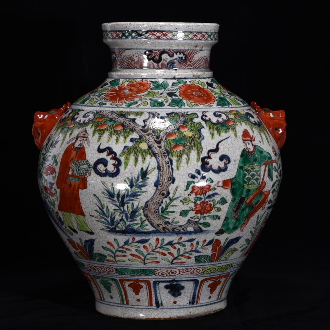 An Exquisite Wucai Blue and White Character and Story Pattern Double-Ears Jar: An Exquisite Wucai Blue and White Character and Story Pattern Double-Ears Jar Yuan Dynasty, China Size:38cmx33cm (The Dimensions Of All Batches Are Manually Measured.If You Need More Detailed Informat