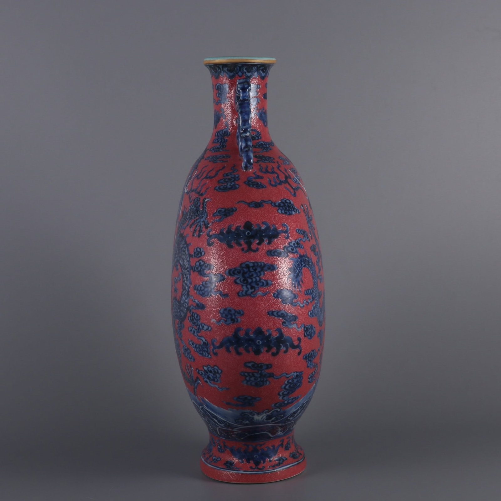 An Exquisite Blue and White Ruby Red-Glazed Dragon Pattern Seawater Pattern Double-Ears Vase - 2