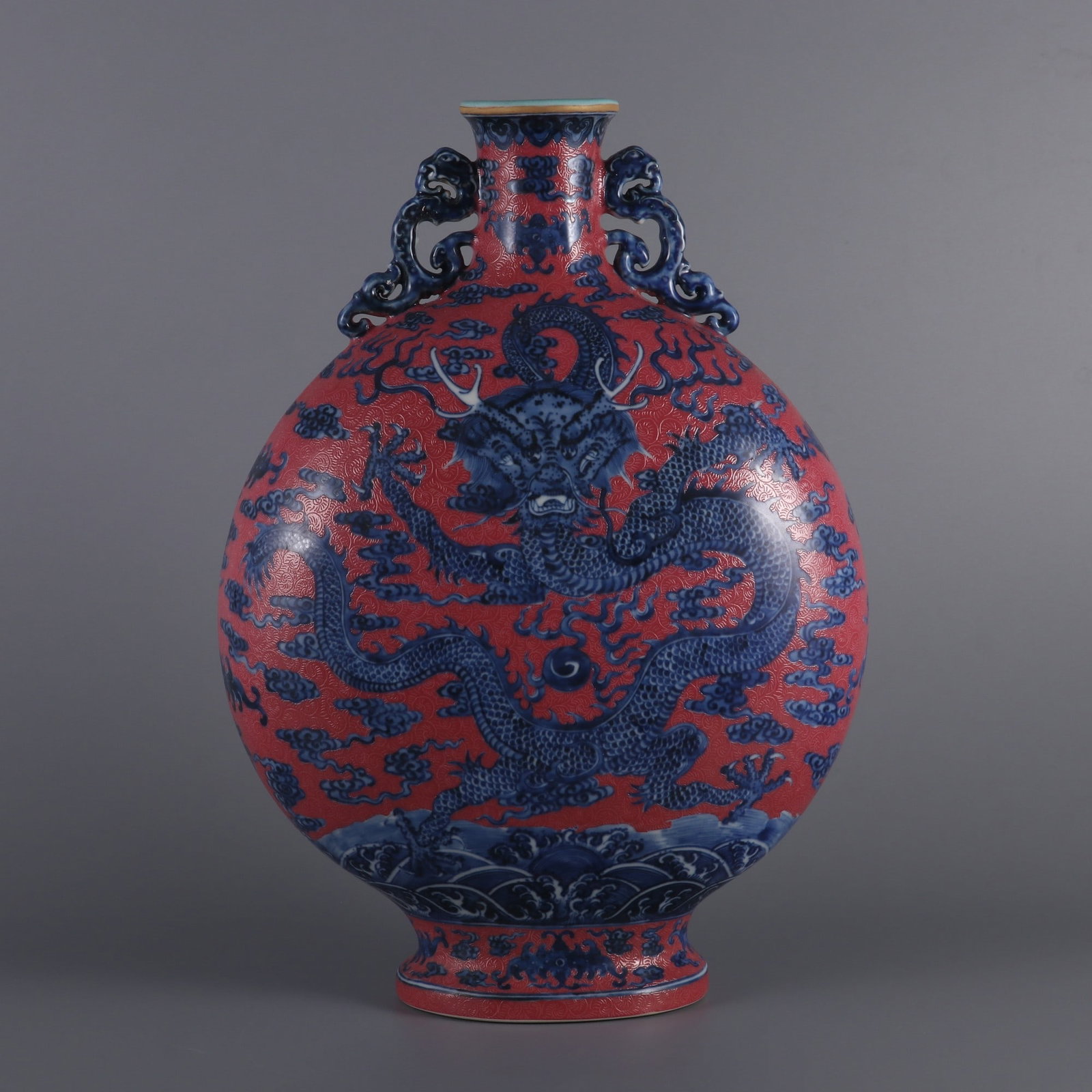 An Exquisite Blue and White Ruby Red-Glazed Dragon Pattern Seawater Pattern Double-Ears Vase - 3