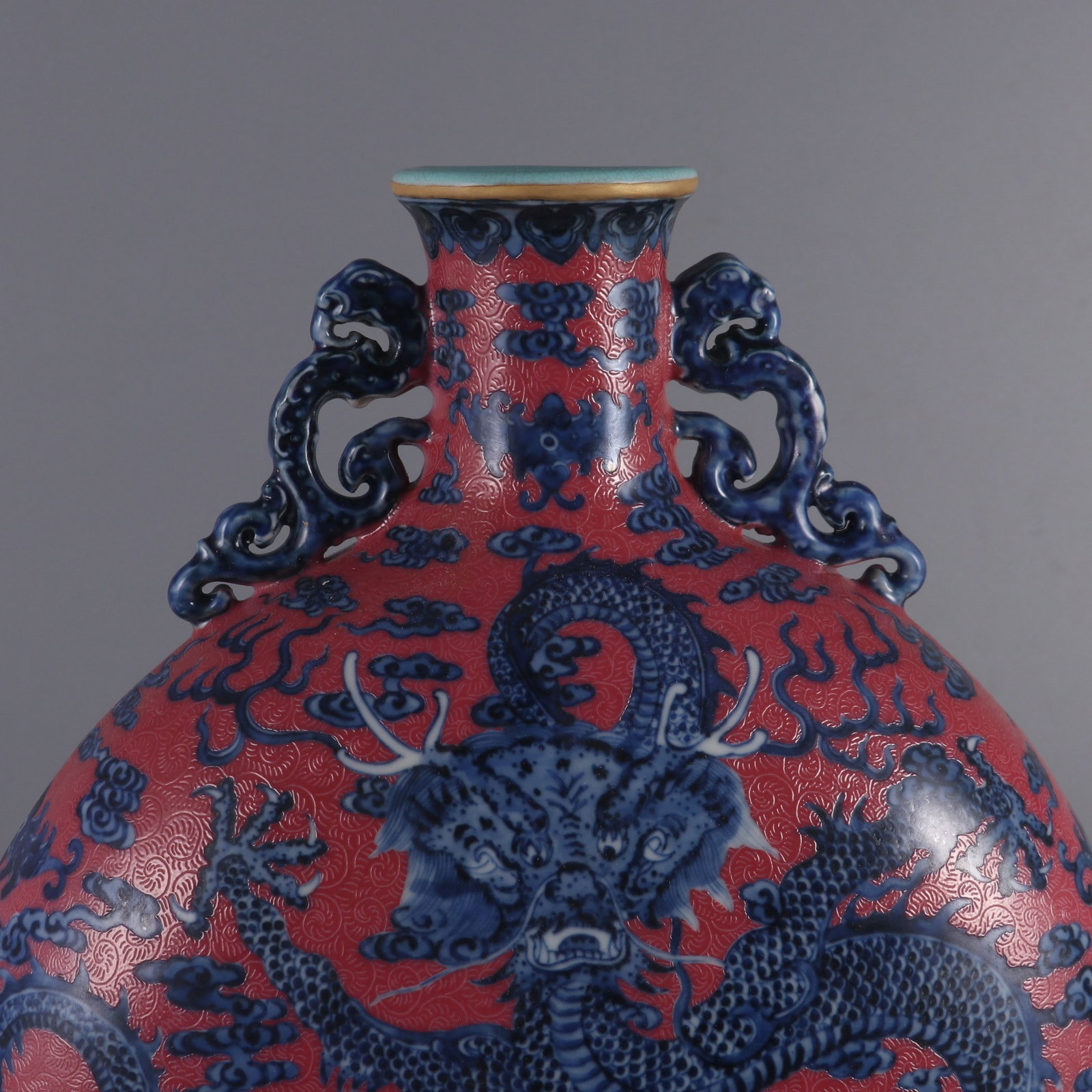 An Exquisite Blue and White Ruby Red-Glazed Dragon Pattern Seawater Pattern Double-Ears Vase - 4