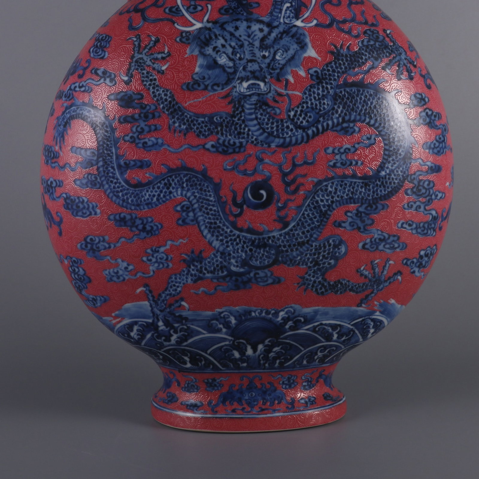 An Exquisite Blue and White Ruby Red-Glazed Dragon Pattern Seawater Pattern Double-Ears Vase - 5
