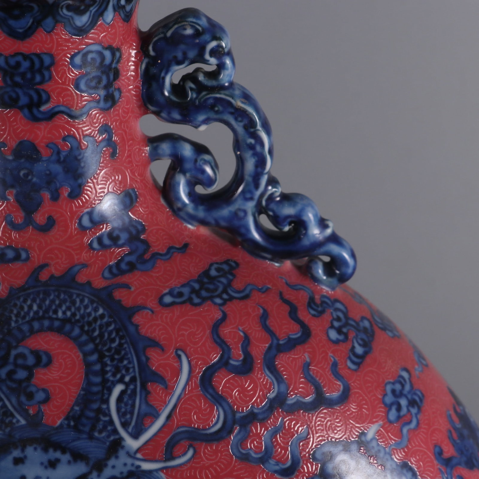 An Exquisite Blue and White Ruby Red-Glazed Dragon Pattern Seawater Pattern Double-Ears Vase - 6