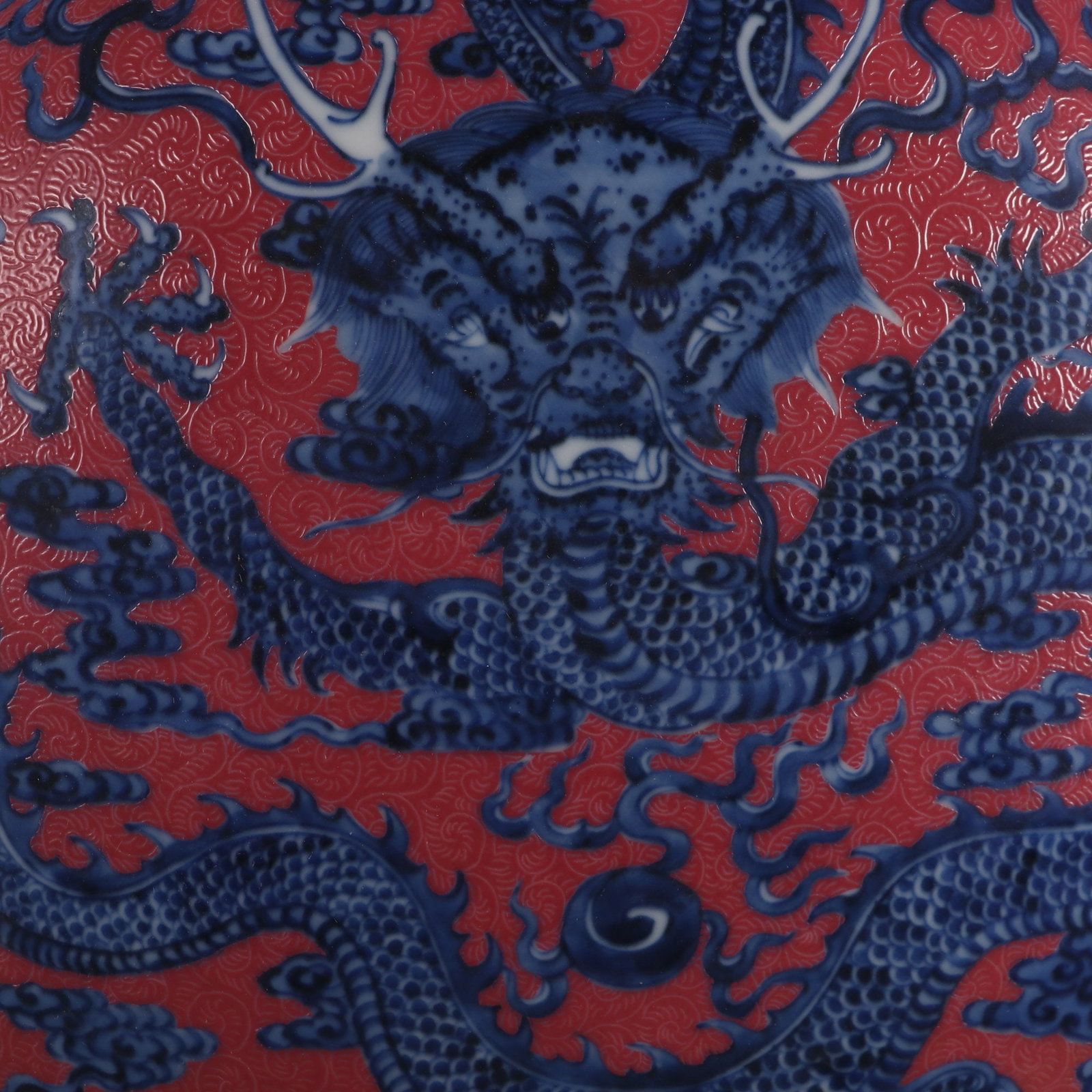 An Exquisite Blue and White Ruby Red-Glazed Dragon Pattern Seawater Pattern Double-Ears Vase - 7