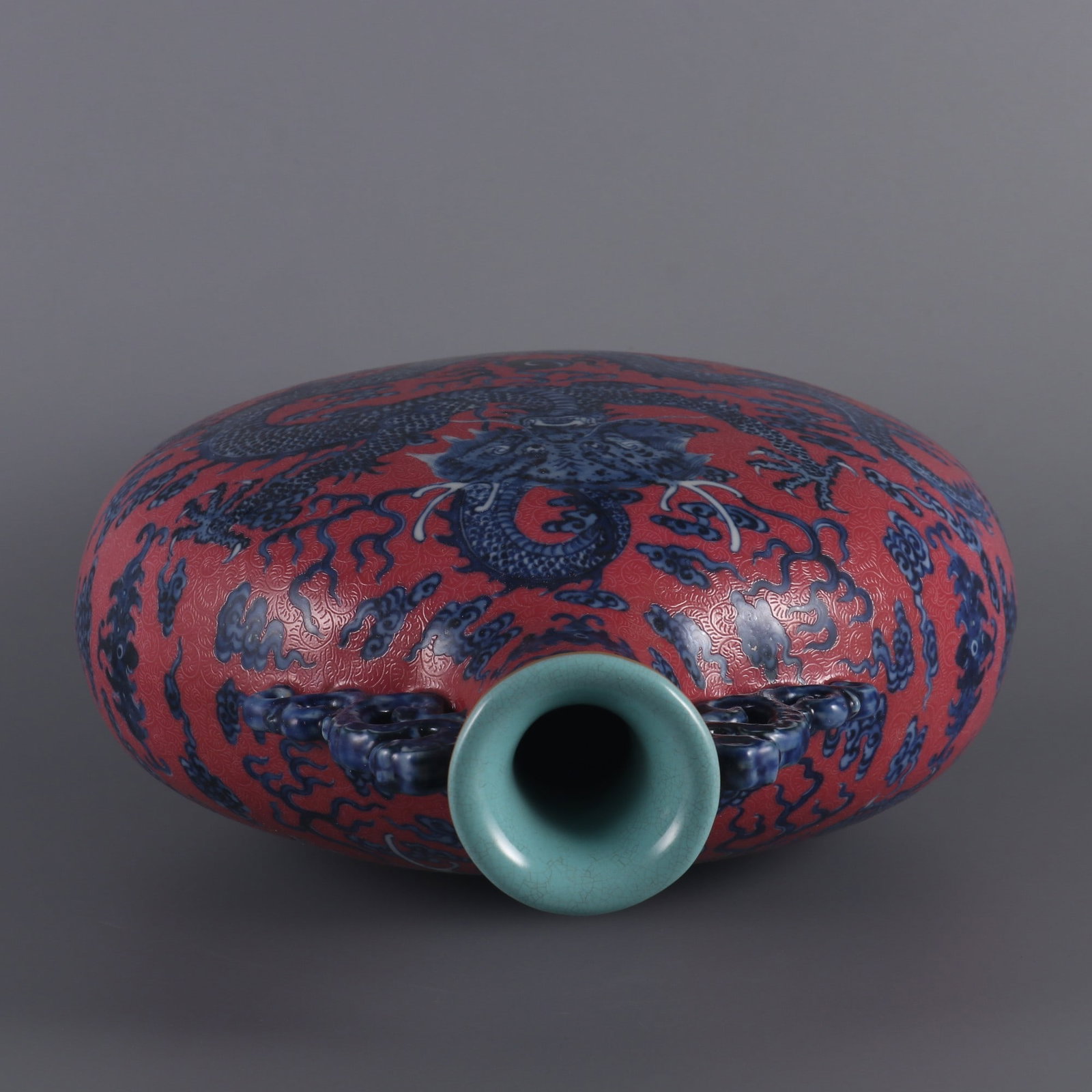 An Exquisite Blue and White Ruby Red-Glazed Dragon Pattern Seawater Pattern Double-Ears Vase - 8