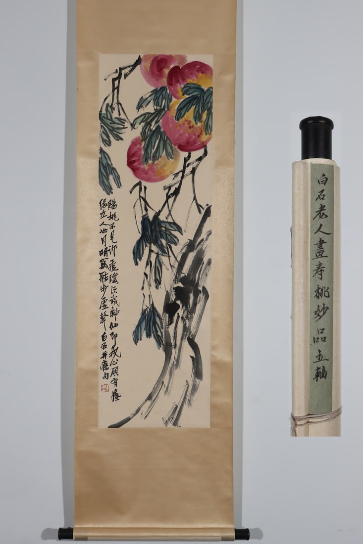 A Chinese Vertical Scroll Ink Painting of Peach on Paper: A Chinese Vertical Scroll Ink Painting of Peach on Paper Qi baishi Without frame Size:114cmx35cm (The Dimensions Of All Batches Are Manually Measured.If You Need More Detailed Information, Please