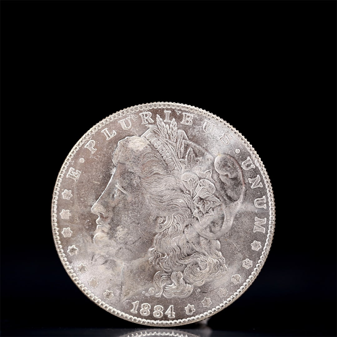 USA Morgan Dollar 1884 Coin: Obv: profile bust with date below and E PLURIBUS UNUM legend and stars around. Rev: eagle with In God we trust above within wreath with UNITED STATES OF AMERICA ONE DOLLAR legend. IN GOD WE TRUST / LI