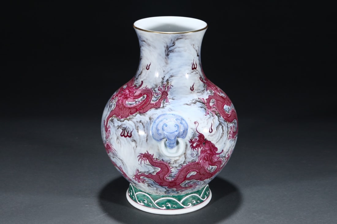 An Exquisite Famille-Rose Ruby Red-Glazed Painted Gold Seawater Pattern Dragon Pattern Double-Ears - 2