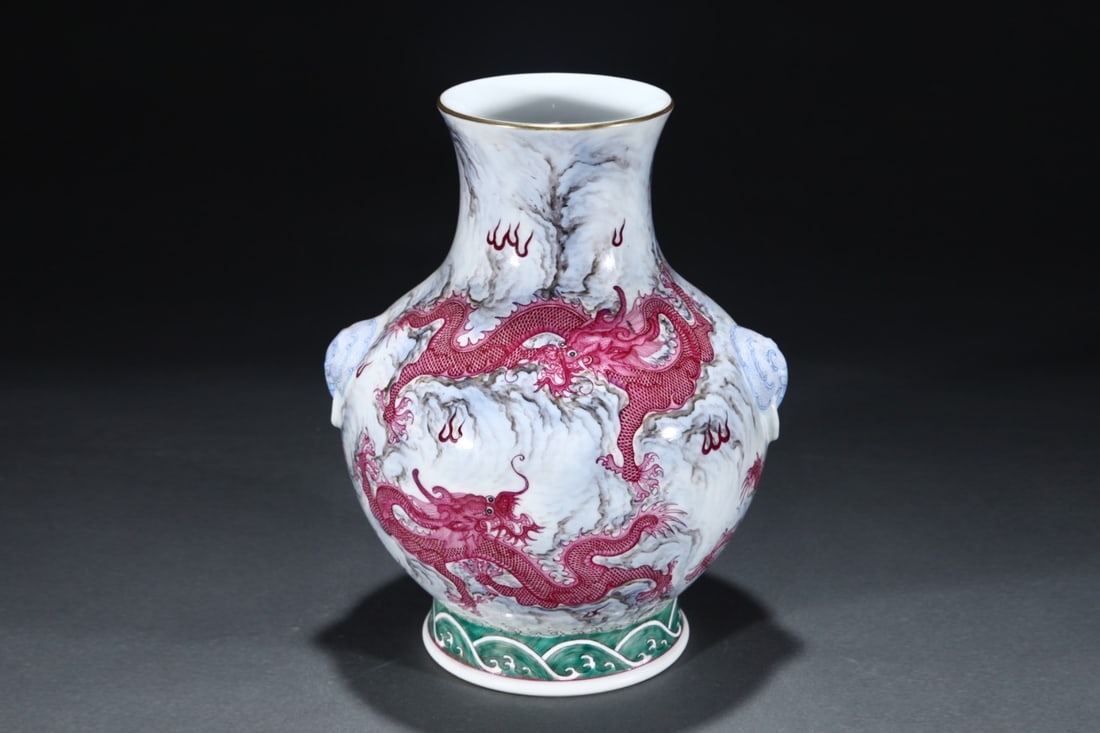 An Exquisite Famille-Rose Ruby Red-Glazed Painted Gold Seawater Pattern Dragon Pattern Double-Ears - 3