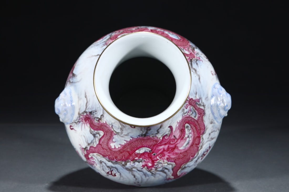 An Exquisite Famille-Rose Ruby Red-Glazed Painted Gold Seawater Pattern Dragon Pattern Double-Ears - 4