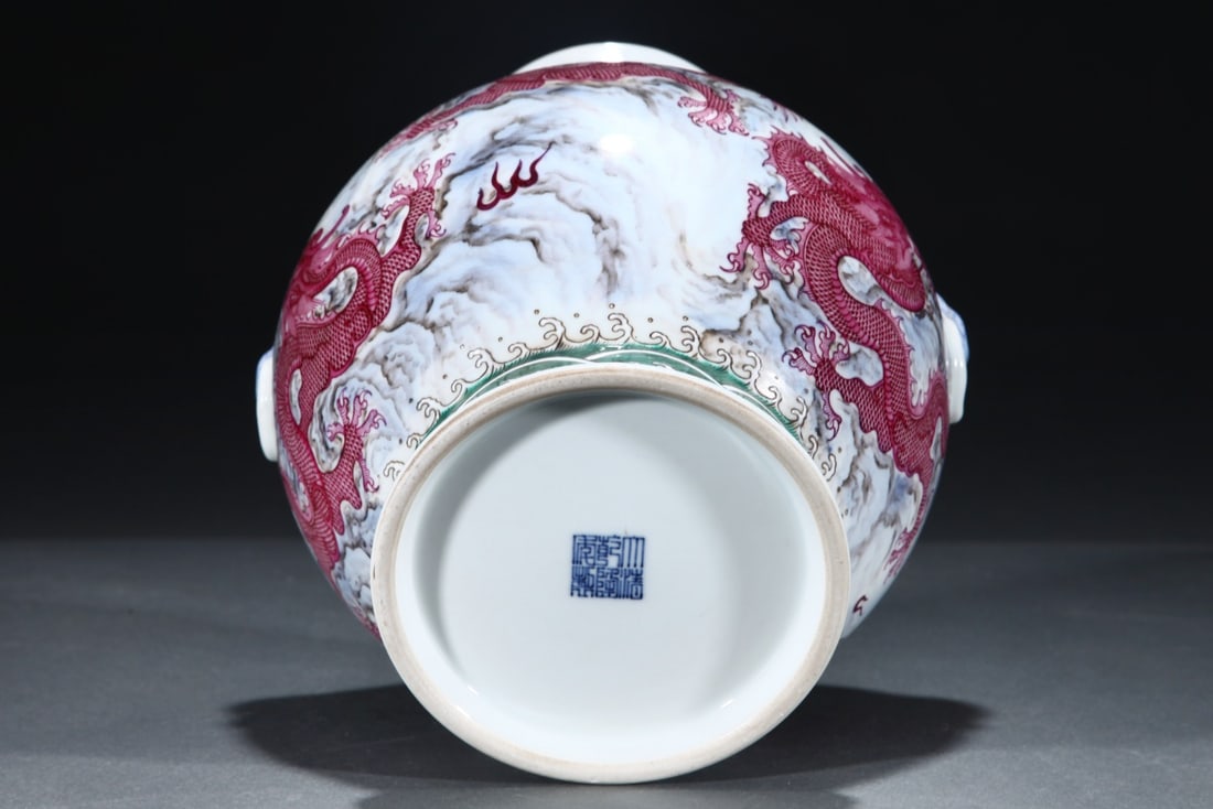An Exquisite Famille-Rose Ruby Red-Glazed Painted Gold Seawater Pattern Dragon Pattern Double-Ears - 5