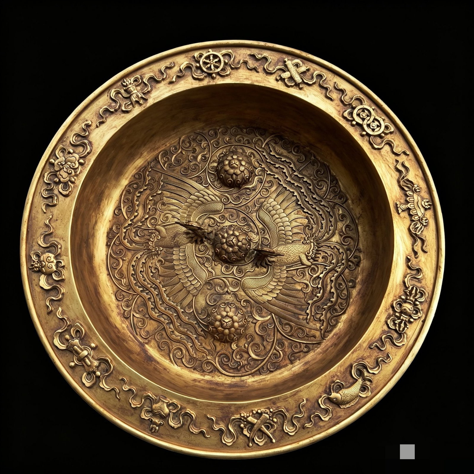 A beautiful Qing Dynasty Qianlong 30th Year Bronze Gilded Eight-Treasure Double Phoenix Treasure: Qing Dynasty Qianlong 30th Year Bronze Gilded Eight-Treasure Double Phoenix Treasure Basin SIZE: W:42cm H:9cm W:6.3kg (The Dimensions Of All Batches Are Manually Measured.If You Need More Detailed Inf
