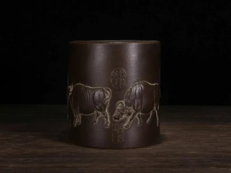 A fine Zisha five-oxen pattern brush pot - 4