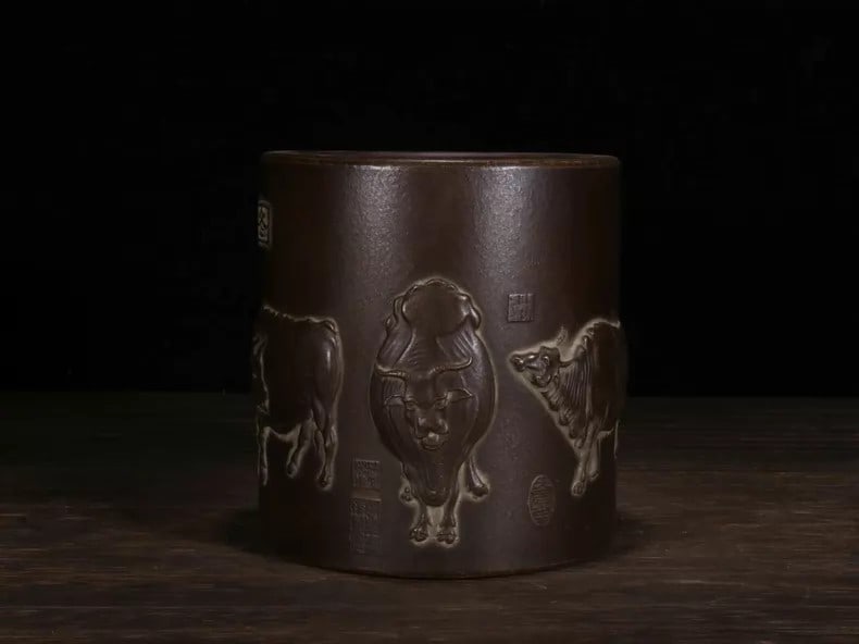 A fine Zisha five-oxen pattern brush pot - 6