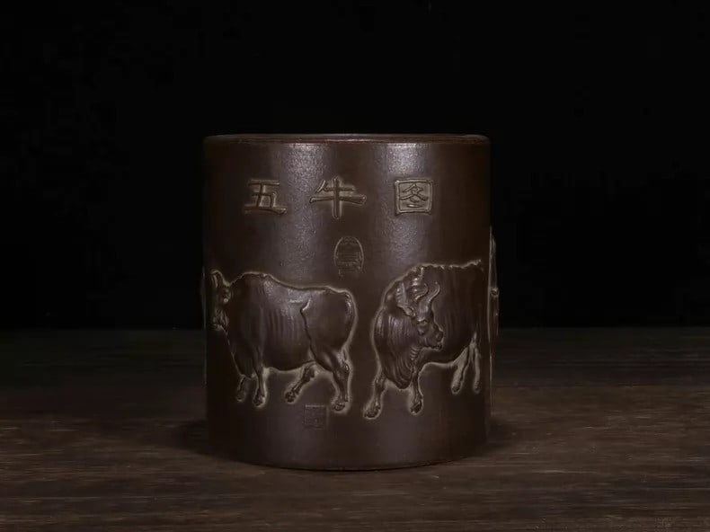 A fine Zisha five-oxen pattern brush pot - 7