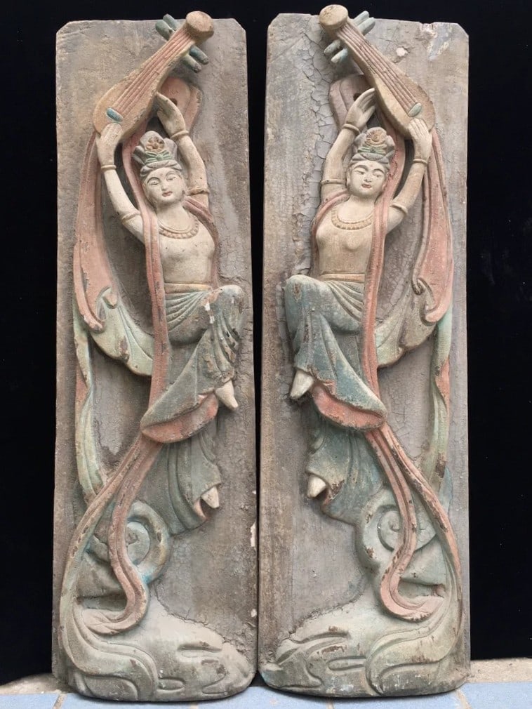A beautifully crafted wooden painted flying apsaras ornament: Wooden painted flying apsaras SIZE: H:111cm W:33cm W:7cm (The Dimensions Of All Batches Are Manually Measured.If You Need More Detailed Information, Please Contact Our Customer Service Before