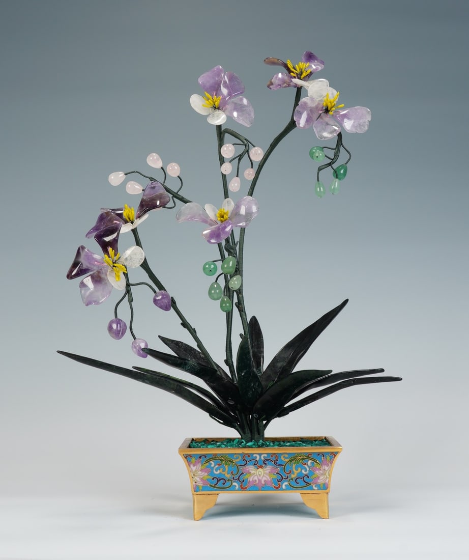A beautiful late Qing dynasty cloisonne jade bonsai moth orchid (1 of 8)