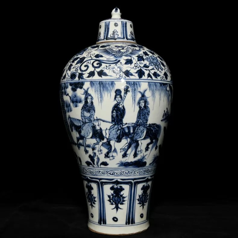 A fine Yuan dynasty blue-and-white plum vase with Zhaojun Chusai pattern: Yuan dynasty blue-and-white Zhaojun frontier plum vase SIZE: 47.5x25cm (The Dimensions Of All Batches Are Manually Measured.If You Need More Detailed Information, Please Contact Our Customer Service B
