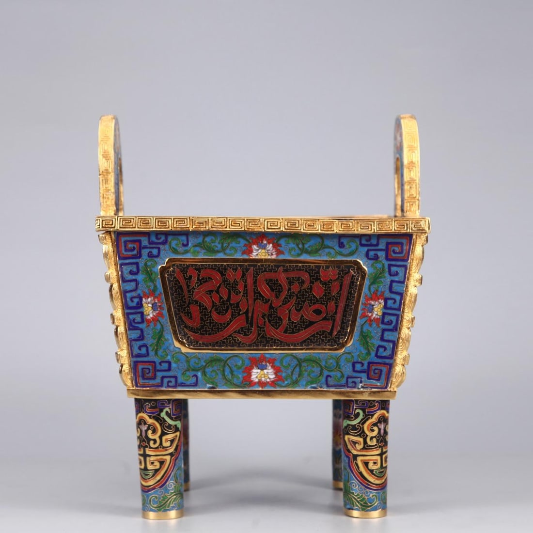 A exquisite Qing Dynasty bronze-bodied cloisonne cloisonne enamel gilded lotus lotus square: Qing Dynasty copper-bodied cloisonne cloisonne enamel gilt lotus lotus square tripod-shaped censer SIZE: H:32.2cm D:20.2x25.6cm Ear pitch 25.6cm, W:8.9kg (The Dimensions Of All Batches Are Manually Me