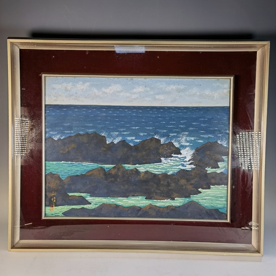 A beautiful late Qing dynasty wave painting gouache hanging screen (1 of 6)