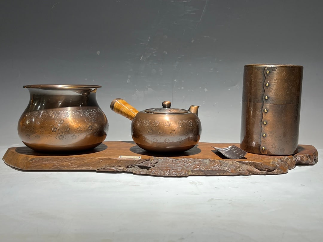 A beautiful late Qing dynasty pure copper carved floral tea set set (1 of 9)