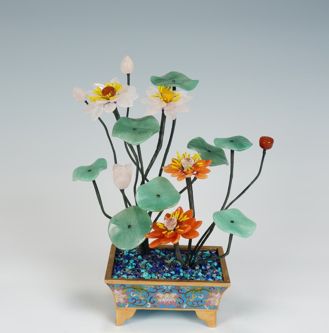 A beautiful late Qing dynasty cloisonne potted jade lotus bonsai: Late Qing dynasty cloisonne potted jade lotus bonsai SIZE: Overall H: 24.5cm, W: 19cm (The Dimensions Of All Batches Are Manually Measured.If You Need More Detailed Information, Please Contact Our Cus