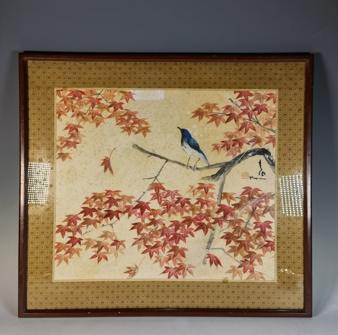 A beautiful late Qing dynasty wall panel with maple leaves and blue birds: Late Qing Dynasty Maple Leaves and Bluebird Hanging Screen Whole SIZE: Painting center 51.5x45 cm (The Dimensions Of All Batches Are Manually Measured.If You Need More Detailed Information, Please Con