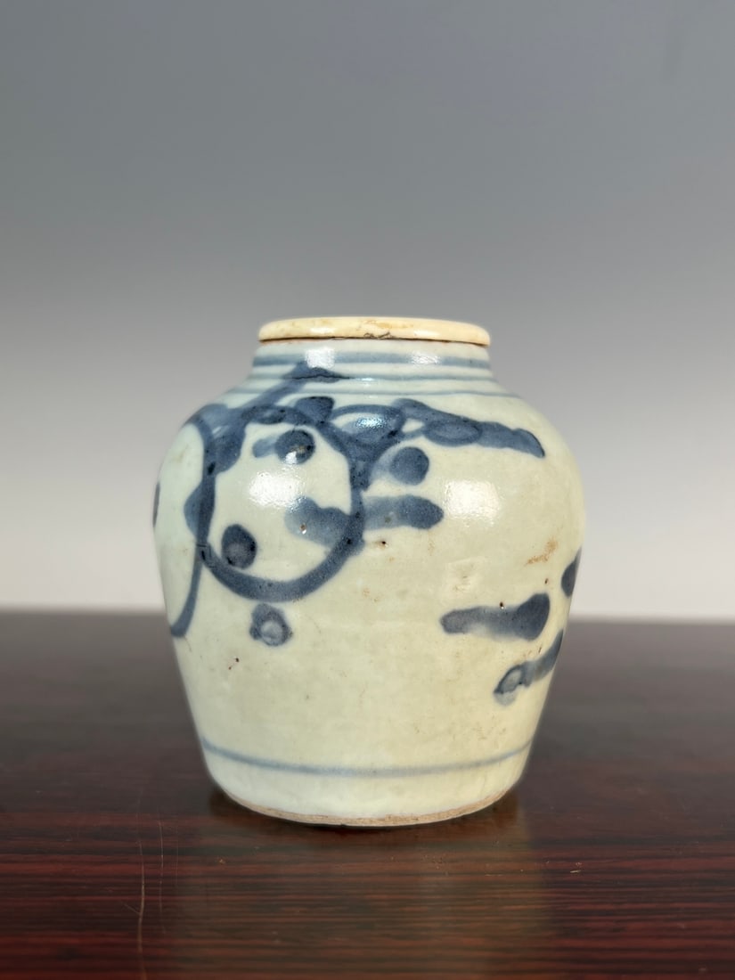 A fine Ming dynasty blue-and-white scroll grass-patterned small jar - 2