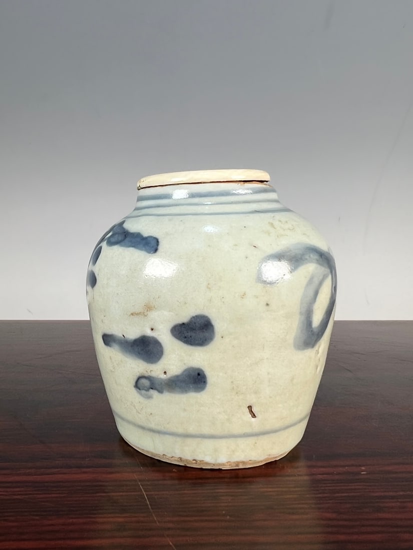 A fine Ming dynasty blue-and-white scroll grass-patterned small jar - 3
