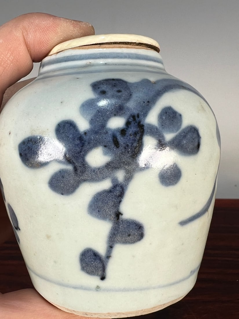 A fine Ming dynasty blue-and-white scroll grass-patterned small jar - 4