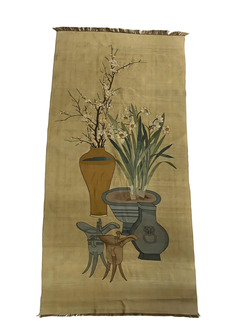 A fine late Qing dynasty kesi silk with plum blossom narcissus and double Qing patterns (1 of 9)