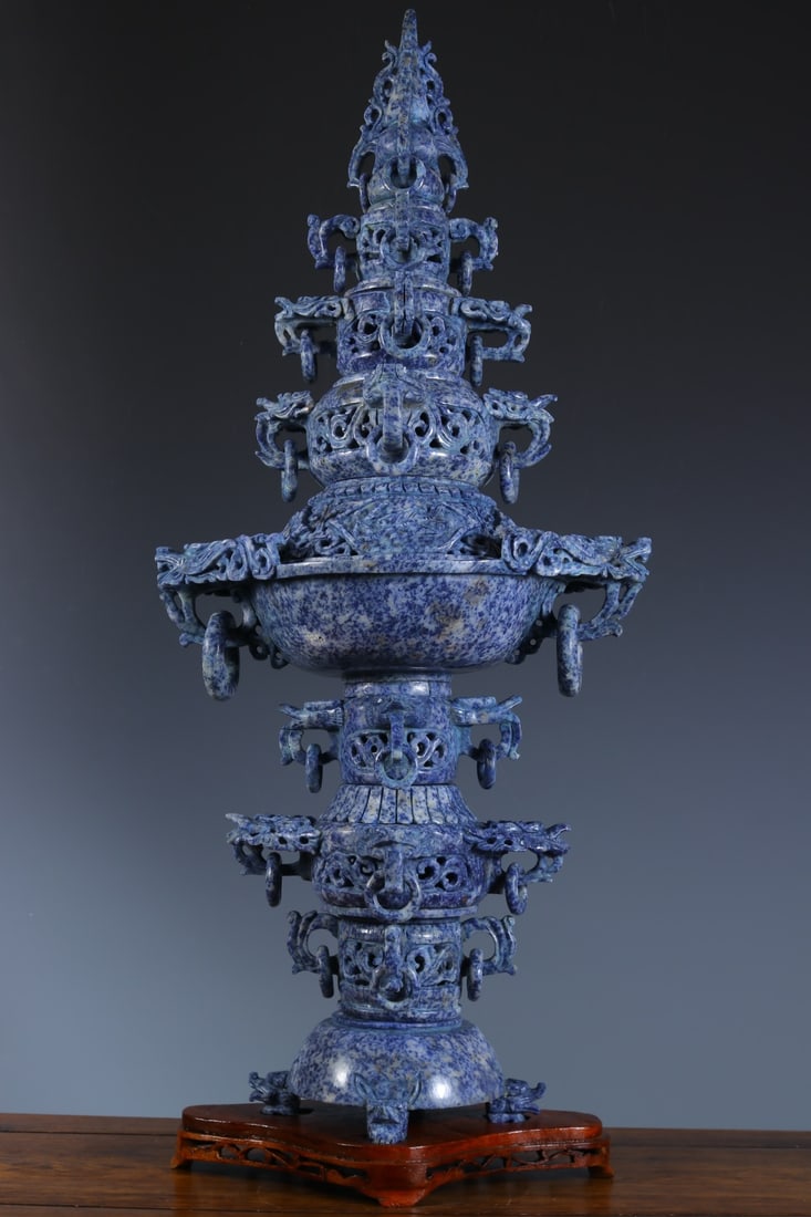 A beautiful late Qing dynasty lapis lazuli carved multi-story hollow incense burner (1 of 10)