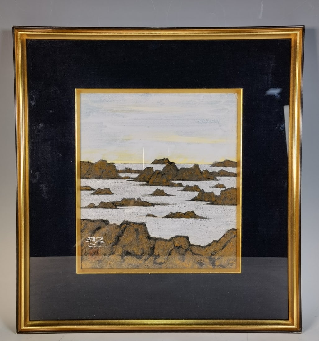 A beautiful late Qing coastal reef hanging screen: Late Qing Dynasty coastal reef painting hanging screen SIZE: Overall 41.5x44.5cm, Painting center 26x23cm (The Dimensions Of All Batches Are Manually Measured.If You Need More Detailed Information, Pl