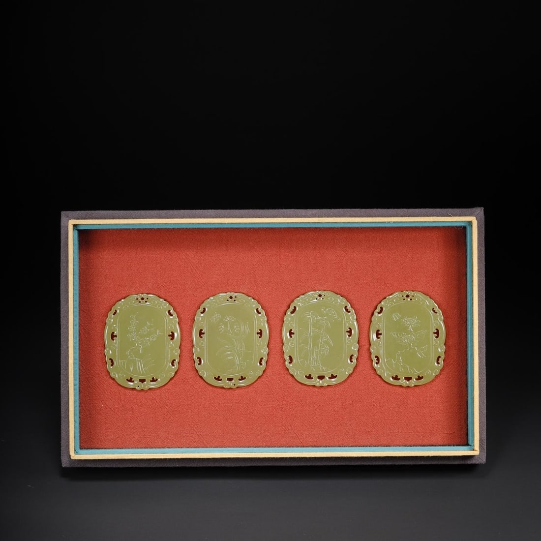 A fine Qing Dynasty Hetian yellow jade plaque featuring plum, orchid, bamboo, and chrysanthemum: Qing Dynasty Hetian yellow jade plum orchid bamboo chrysanthemum jade plaque SIZE: 5.8x4.7x0.6 cm W:123g (The Dimensions Of All Batches Are Manually Measured.If You Need More Detailed Information, Ple