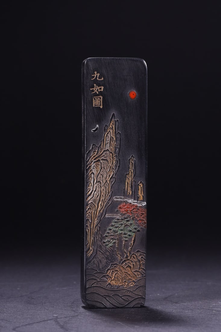 A beautiful Qing Dynasty Nine Scenes Old Smoke Ink Hui Mo: Qing Dynasty Jiu Ru Tu Old Oil Soot Ink Hui Ink SIZE: L:12.2cmW:3.1cmW:1.1cmW:61g (The Dimensions Of All Batches Are Manually Measured.If You Need More Detailed Information, Please Contact Our Custome