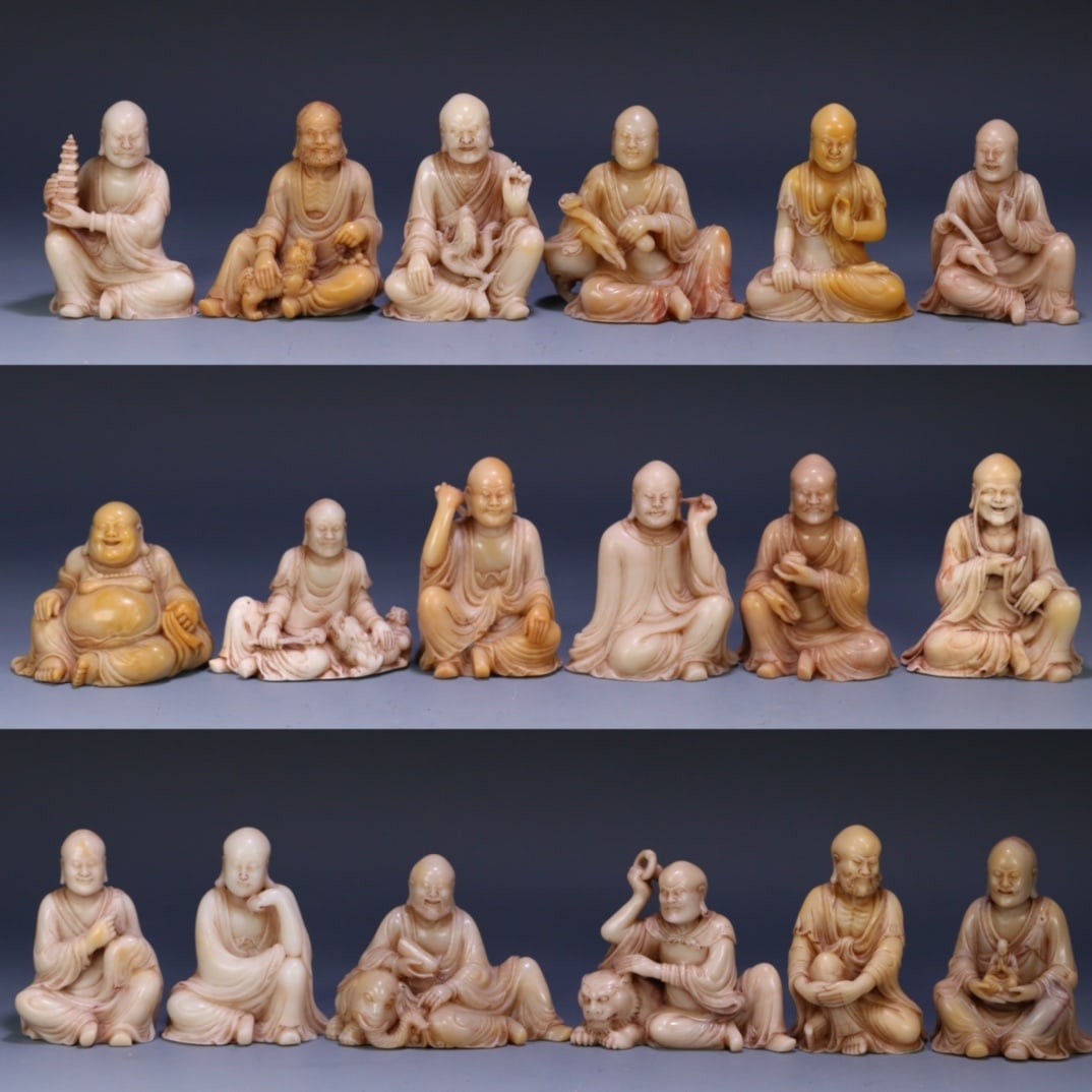 A fine set of Qing Dynasty old Shoushan stones of the Eighteen Arhats: Qing Dynasty Old Shoushan Stone Eighteen Arhats Set SIZE: Maximum 13x7.8x9.5cm, minimum 7.9x6.2x9.5cm, W: 8285g (The Dimensions Of All Batches Are Manually Measured.If You Need More Detailed Informati