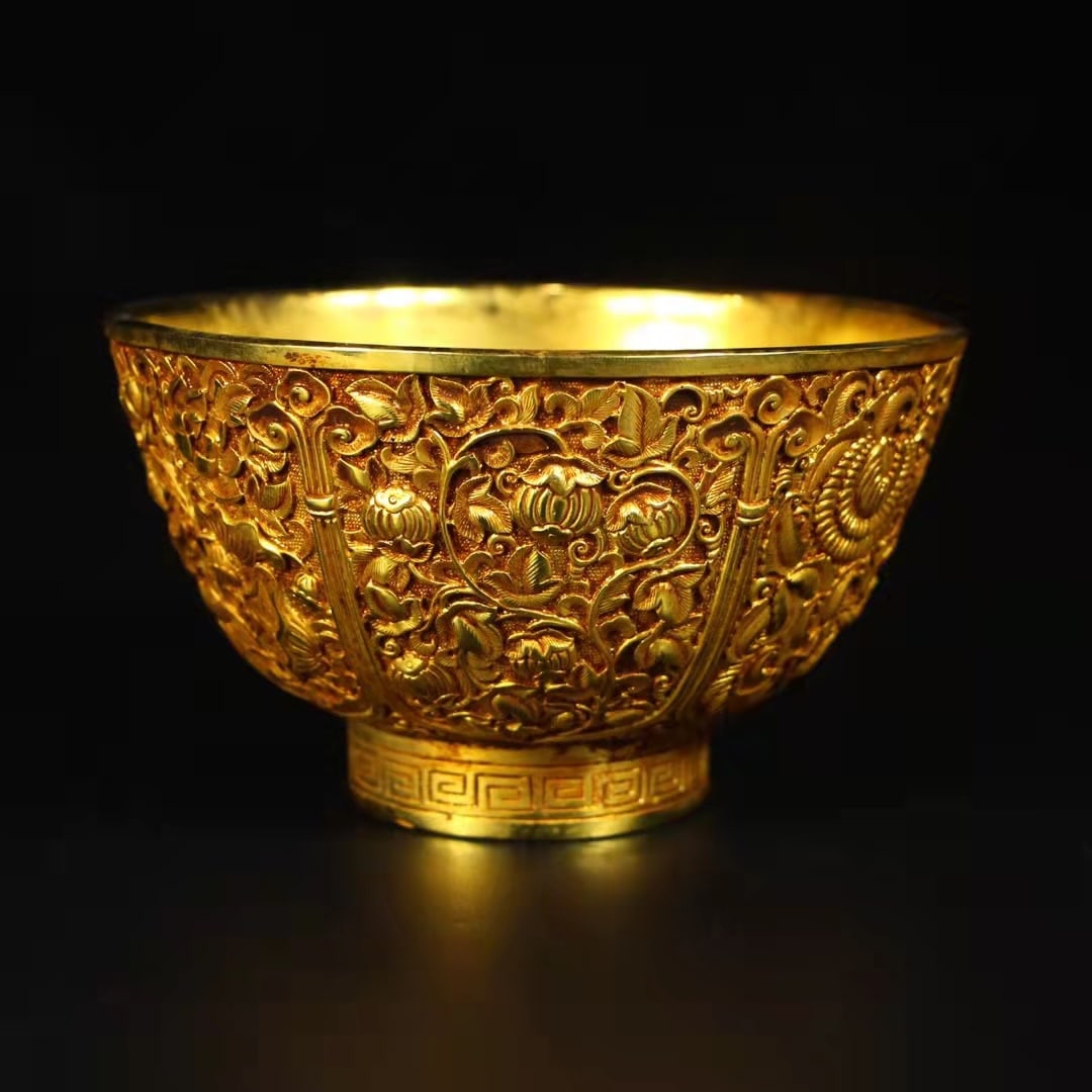 A fine Tang Dynasty gilded Hundred-Flower High Bowl: Tang Dynasty gilt multi-flower tall bowl SIZE: W:12.5cm H:7cm (The Dimensions Of All Batches Are Manually Measured.If You Need More Detailed Information, Please Contact Our Customer Service Before Bid