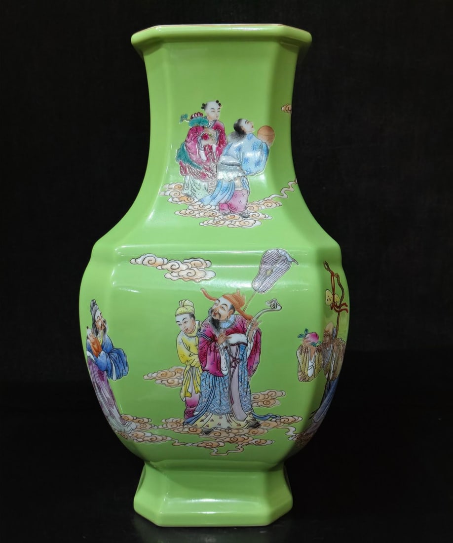 A fine Qing dynasty Falang vase with colorful Eight Immortals figures and square figures: Qing dynasty Falang colorful Eight Immortals figure square vase SIZE: H:35cm W:20cm (The Dimensions Of All Batches Are Manually Measured.If You Need More Detailed Information, Please Contact Our Custo