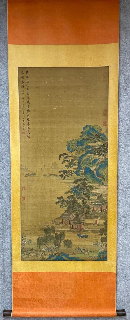A beautiful silk landscape painting by Wang Ximeng: Wang Ximeng's silk landscape painting SIZE: 48x105cm (The Dimensions Of All Batches Are Manually Measured.If You Need More Detailed Information, Please Contact Our Customer Service Before Bidding.)