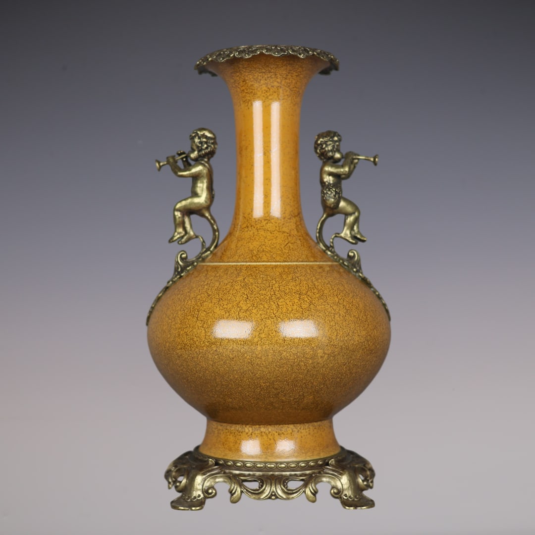 An Exquisite Yellow Glazed Inlaid Bronze Double-Ears Vase: An Exquisite Yellow Glazed Inlaid Bronze Double-Ears Vase Qing Dynasty, China Kangxi Six-character Mark Size:42cmx22cm (The Dimensions Of All Batches Are Manually Measured.If You Need More Detailed