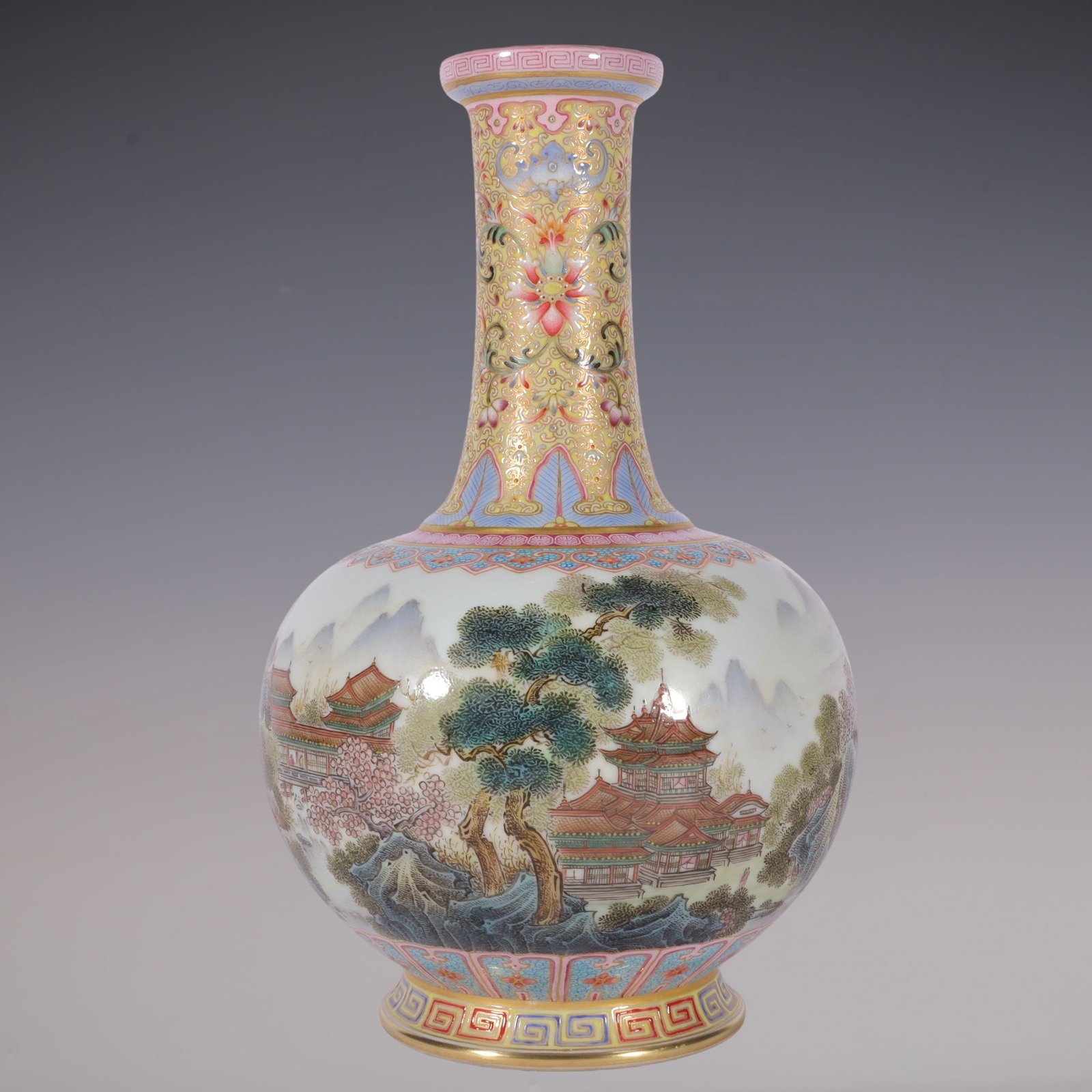 An Exquisite Enamel Lotus Pattern Landscape Pattern Vase: An Exquisite Enamel Lotus Pattern Landscape Pattern Vase Qing Dynasty, China Qianlong Six-character Mark Size:19.7cmx11cm (The Dimensions Of All Batches Are Manually Measured.If You Need More
