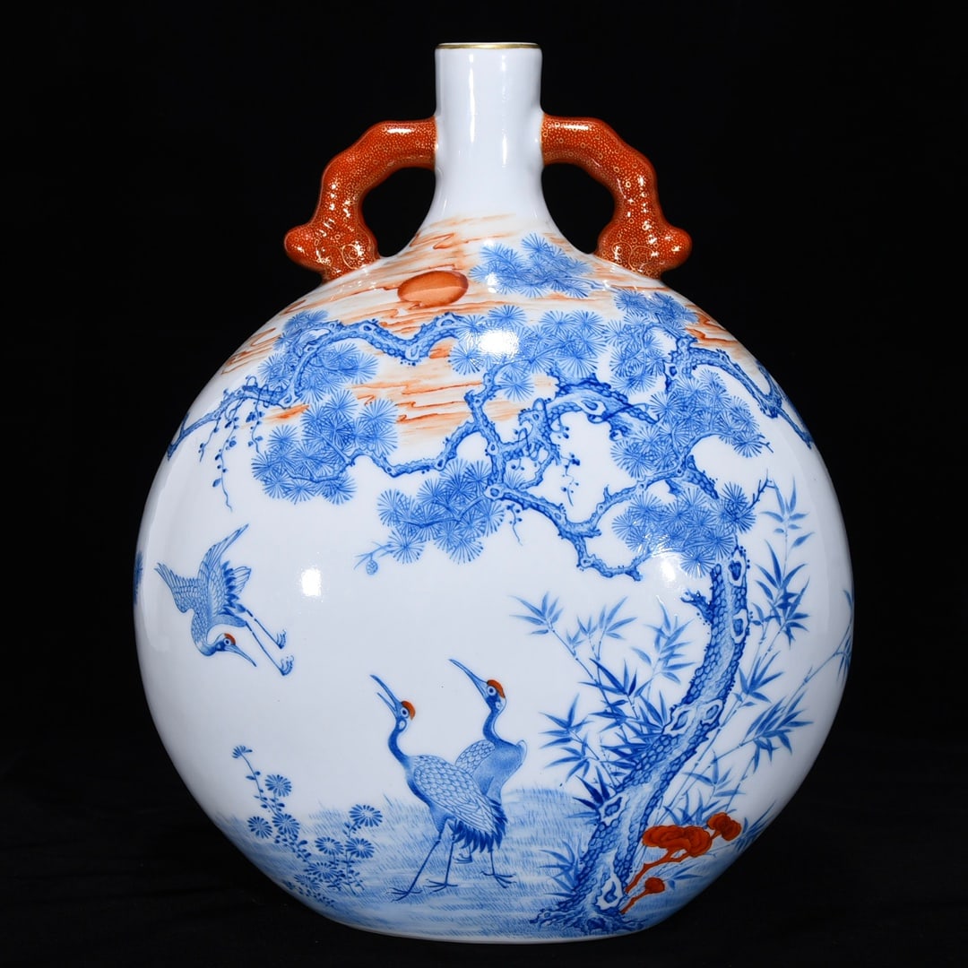 An Exquisite Blue and White Pine and Crane Pattern with poem Double-Ears Vase: An Exquisite Blue and White Pine and Crane Pattern with poem Double-Ears Vase Qing Dynasty, China Yongzheng Six-character Mark Size:30cmx24cm (The Dimensions Of All Batches Are Manually Measured.If