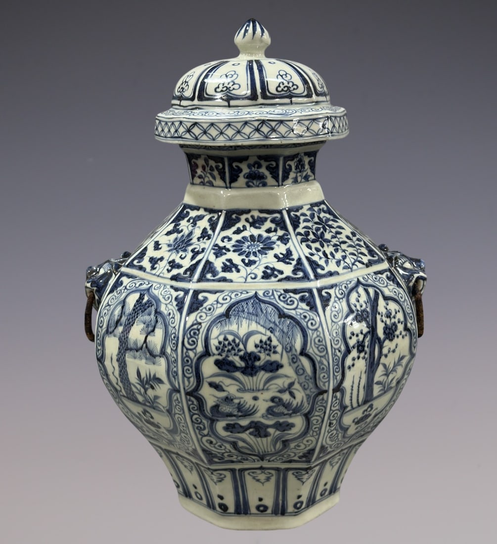 An Exquisite Blue and White Lotus Pattern Pine, Bamboo and Plum Blossom Pattern Double-Ears Jar: An Exquisite Blue and White Lotus Pattern Pine, Bamboo and Plum Blossom Pattern Double-Ears Jar Yuan Dynasty, China Size:47cm (The Dimensions Of All Batches Are Manually Measured.If You Need More Deta